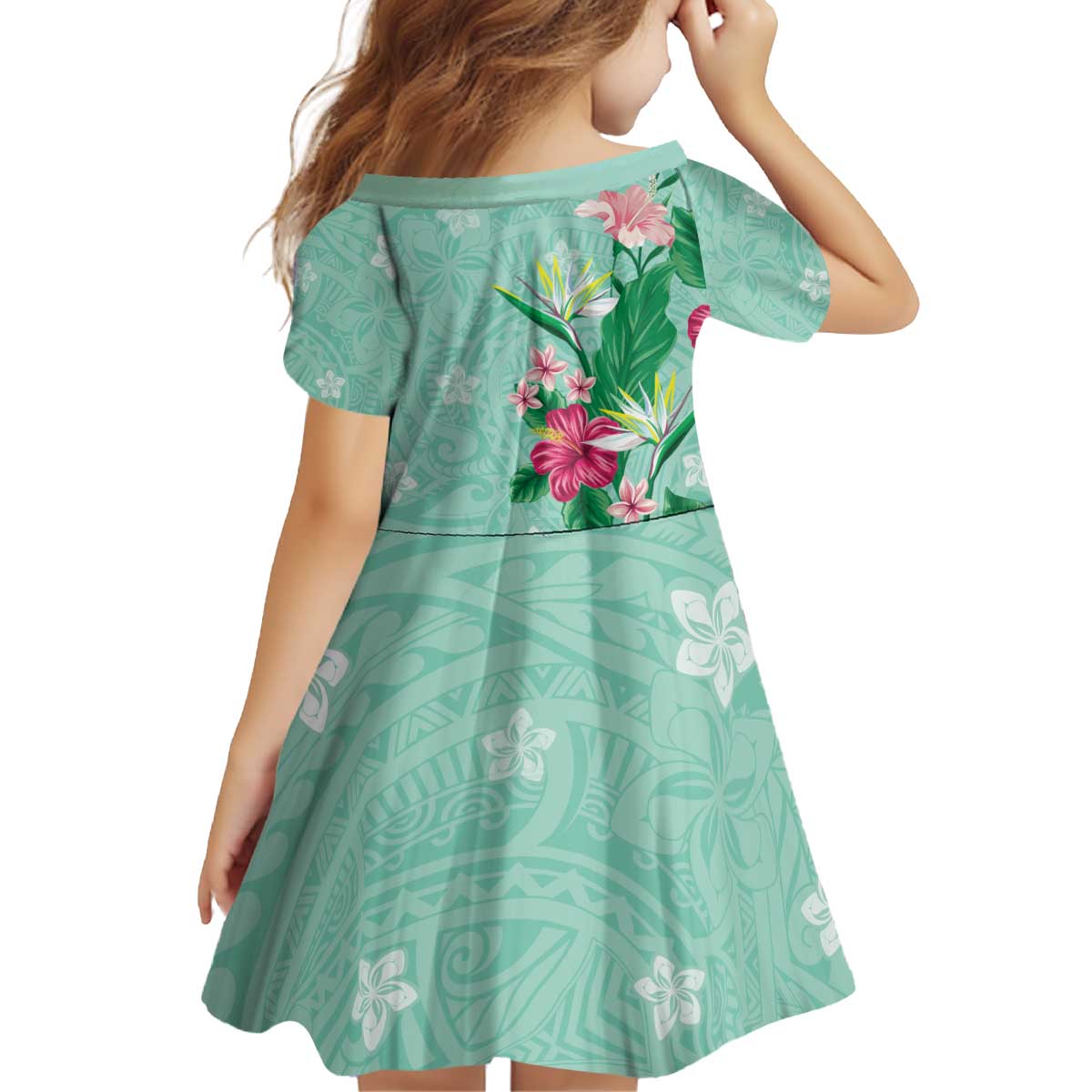 Hawaii Tropical Flowers Family Matching Puletasi and Hawaiian Shirt Polynesian Tattoo Mint Green