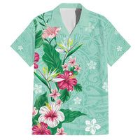 Hawaii Tropical Flowers Family Matching Short Sleeve Bodycon Dress and Hawaiian Shirt Polynesian Tattoo Mint Green