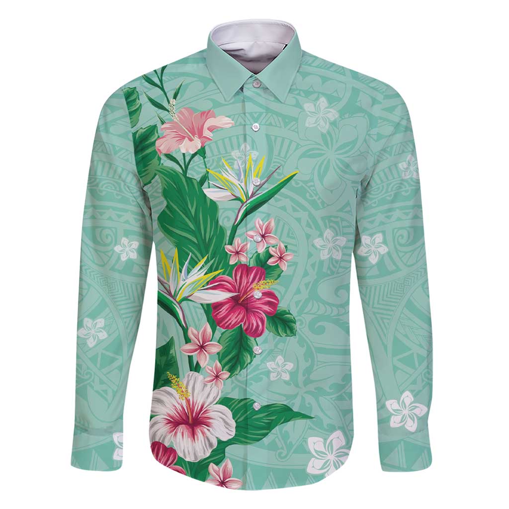 Hawaii Tropical Flowers Family Matching Short Sleeve Bodycon Dress and Hawaiian Shirt Polynesian Tattoo Mint Green