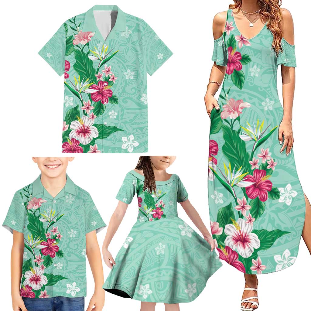 Hawaii Tropical Flowers Family Matching Summer Maxi Dress and Hawaiian Shirt Polynesian Tattoo Mint Green