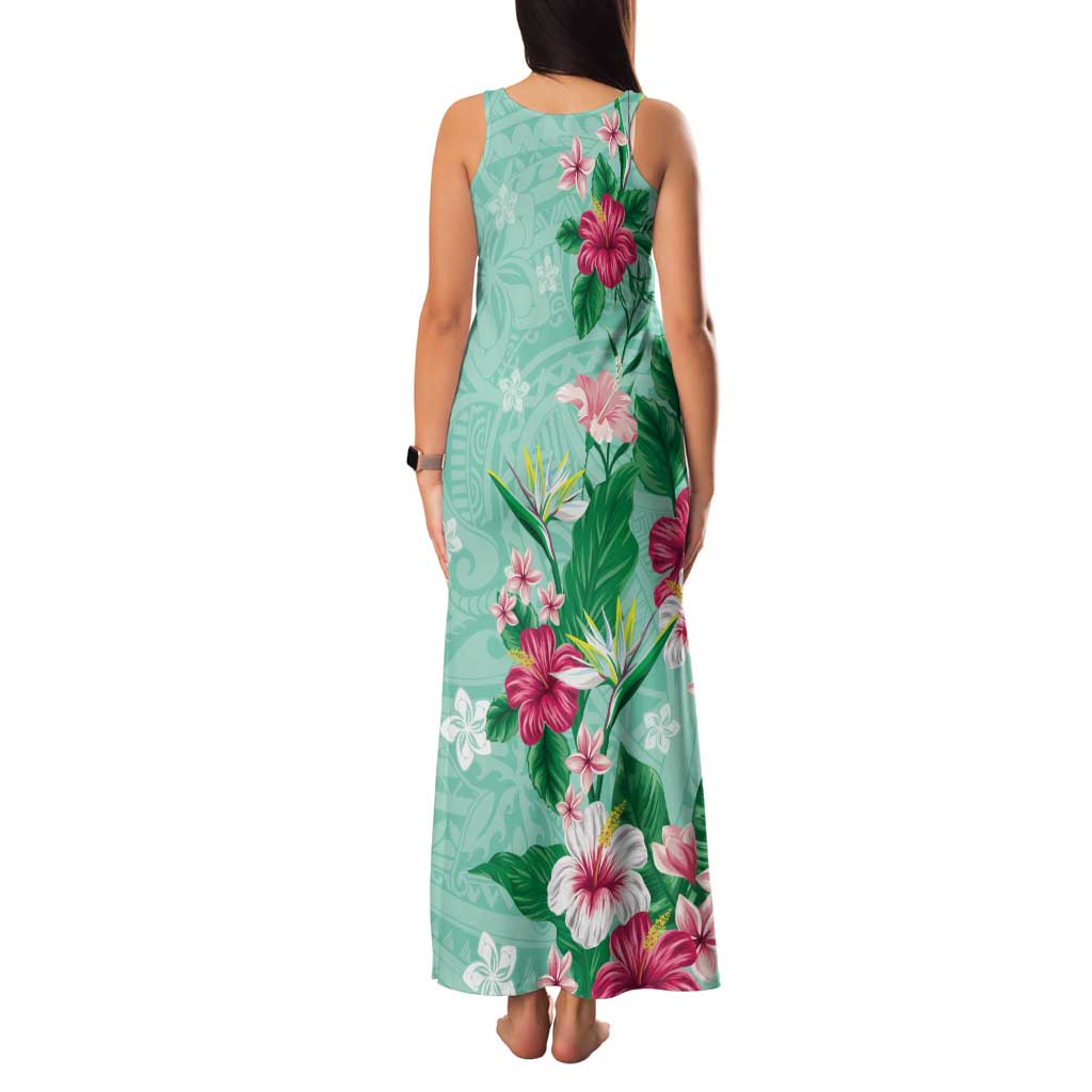 Hawaii Tropical Flowers Family Matching Tank Maxi Dress and Hawaiian Shirt Polynesian Tattoo Mint Green