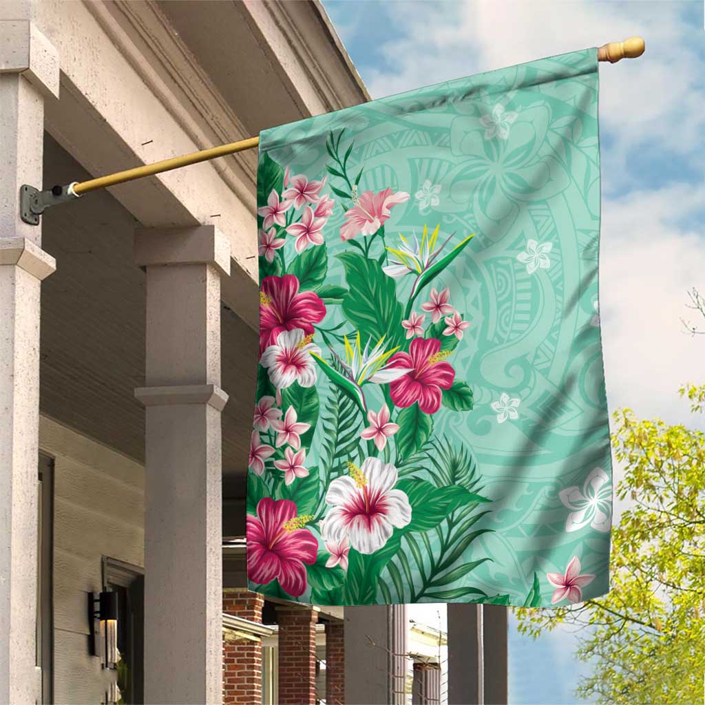 Hawaii Tropical Flowers Garden Flag Polynesian Tattoo Mint Green LT05 House Flag Green - Polynesian Pride