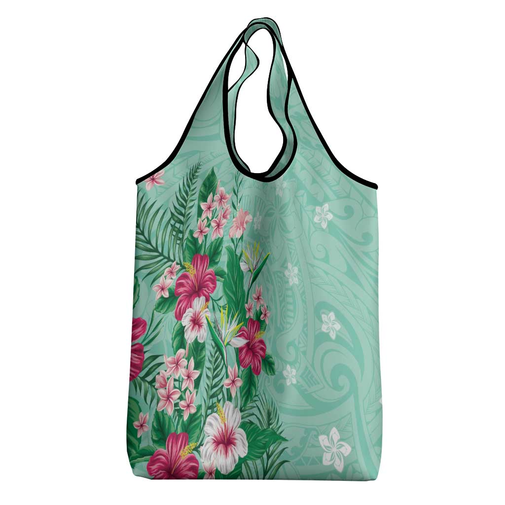Hawaii Tropical Flowers Grocery Bag Polynesian Tattoo Mint Green LT05 - Polynesian Pride