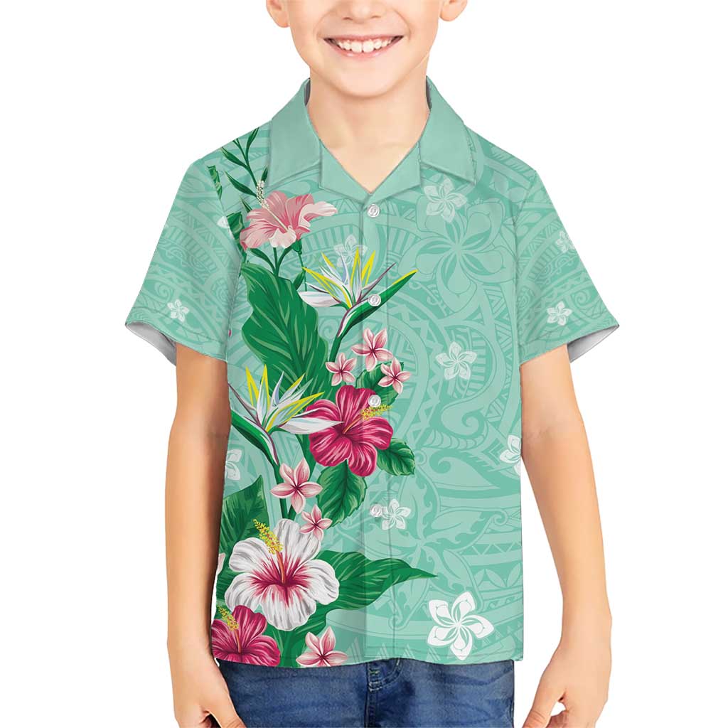 Hawaii Tropical Flowers Kid Hawaiian Shirt Polynesian Tattoo Mint Green