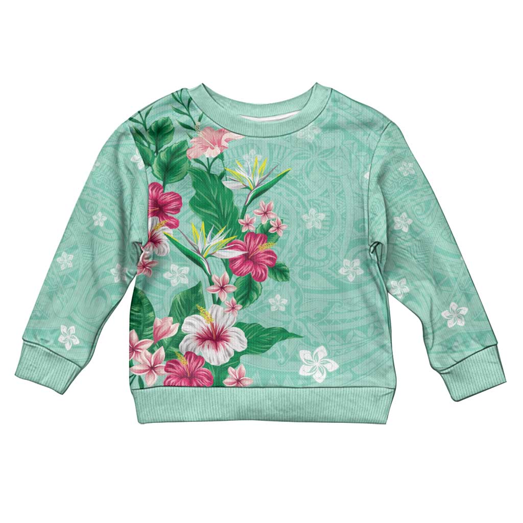 Hawaii Tropical Flowers Kid Ugly Christmas Sweater Polynesian Tattoo Mint Green