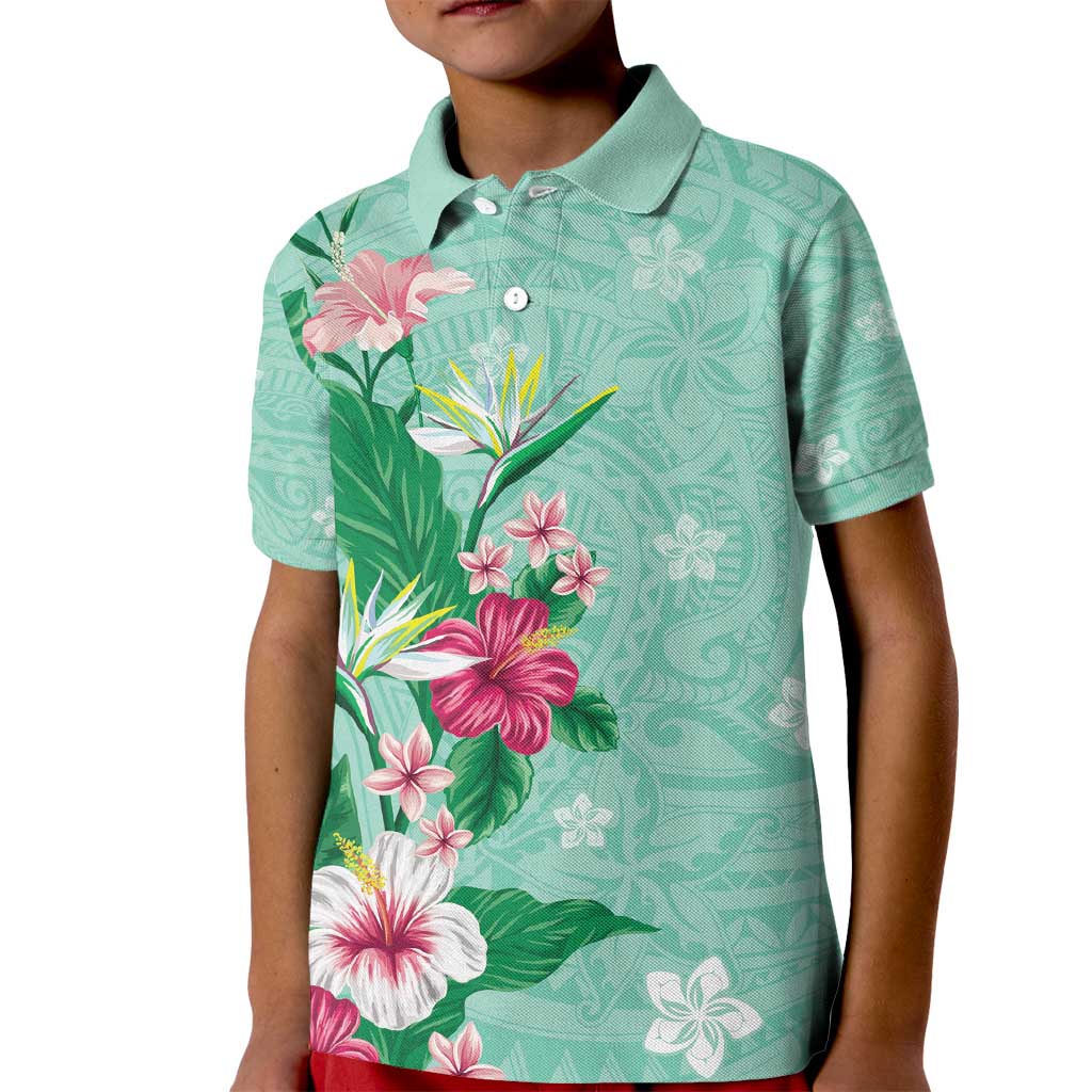 Hawaii Tropical Flowers Kid Polo Shirt Polynesian Tattoo Mint Green