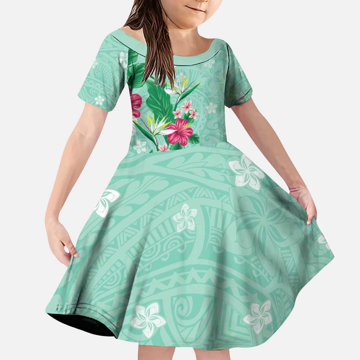 Hawaii Tropical Flowers Kid Short Sleeve Dress Polynesian Tattoo Mint Green