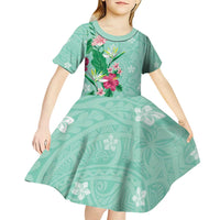 Hawaii Tropical Flowers Kid Short Sleeve Dress Polynesian Tattoo Mint Green
