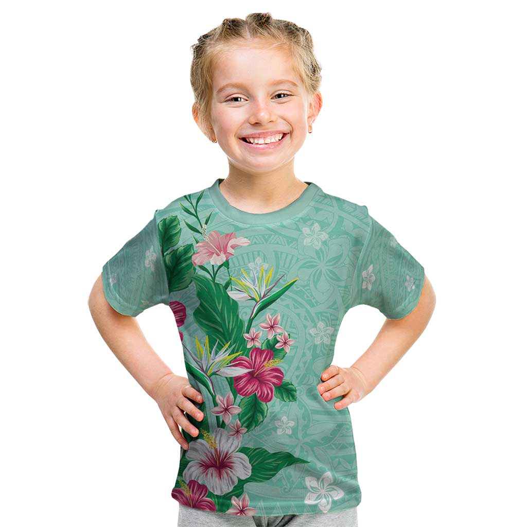 Hawaii Tropical Flowers Kid T Shirt Polynesian Tattoo Mint Green