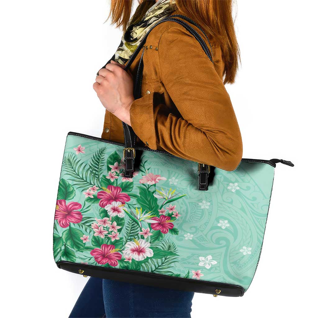 Hawaii Tropical Flowers Leather Tote Bag Polynesian Tattoo Mint Green LT05 Green - Polynesian Pride