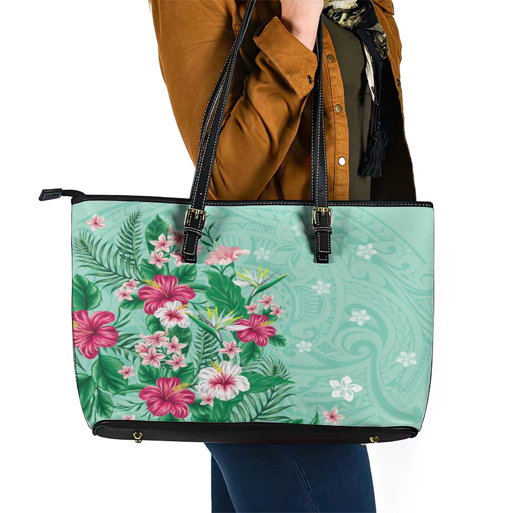 Hawaii Tropical Flowers Leather Tote Bag Polynesian Tattoo Mint Green LT05 - Polynesian Pride