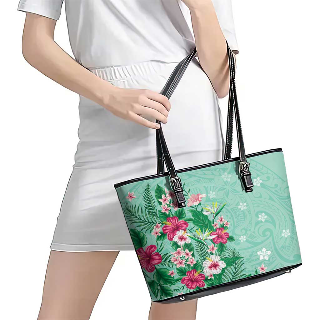 Hawaii Tropical Flowers Leather Tote Bag Polynesian Tattoo Mint Green LT05 - Polynesian Pride