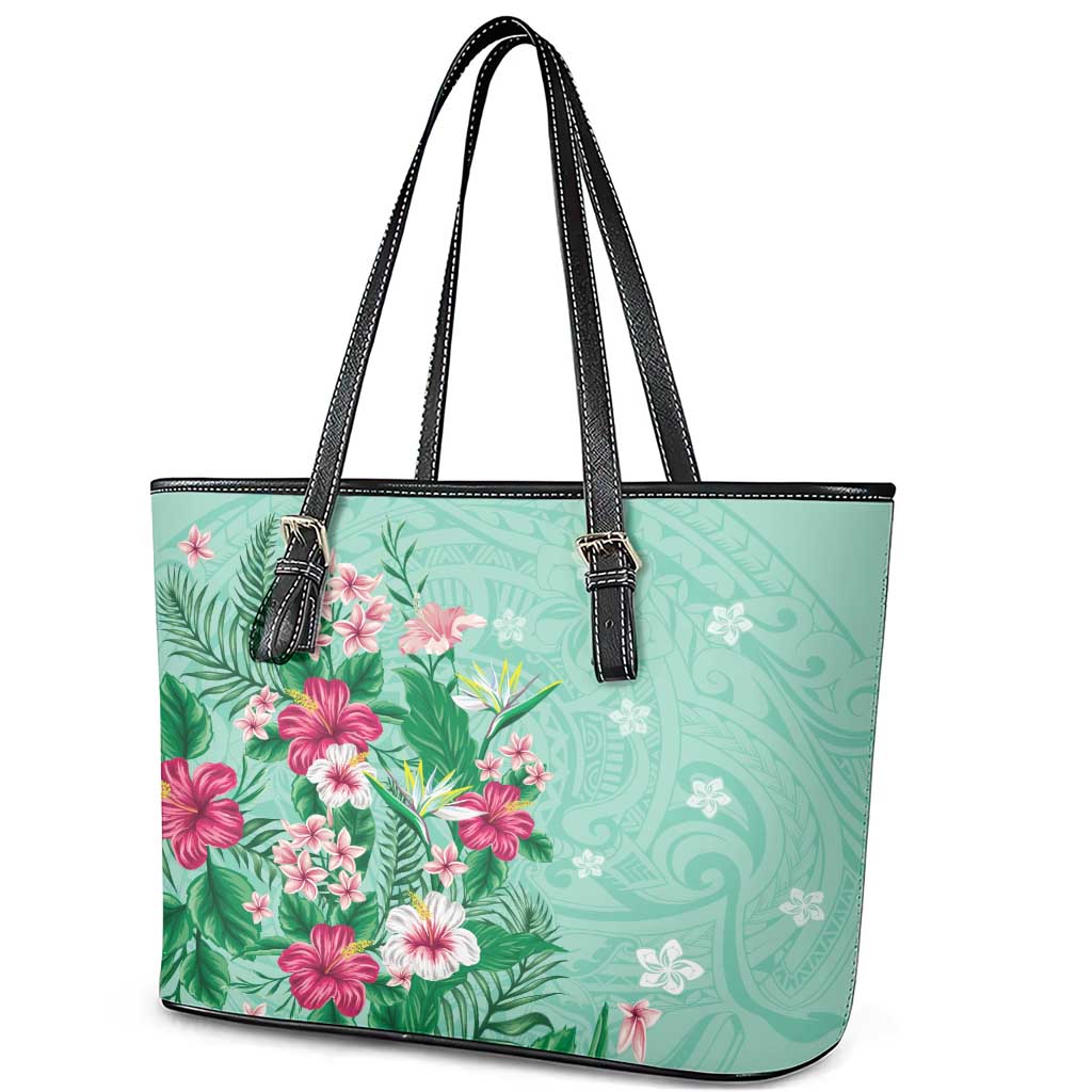 Hawaii Tropical Flowers Leather Tote Bag Polynesian Tattoo Mint Green LT05 - Polynesian Pride