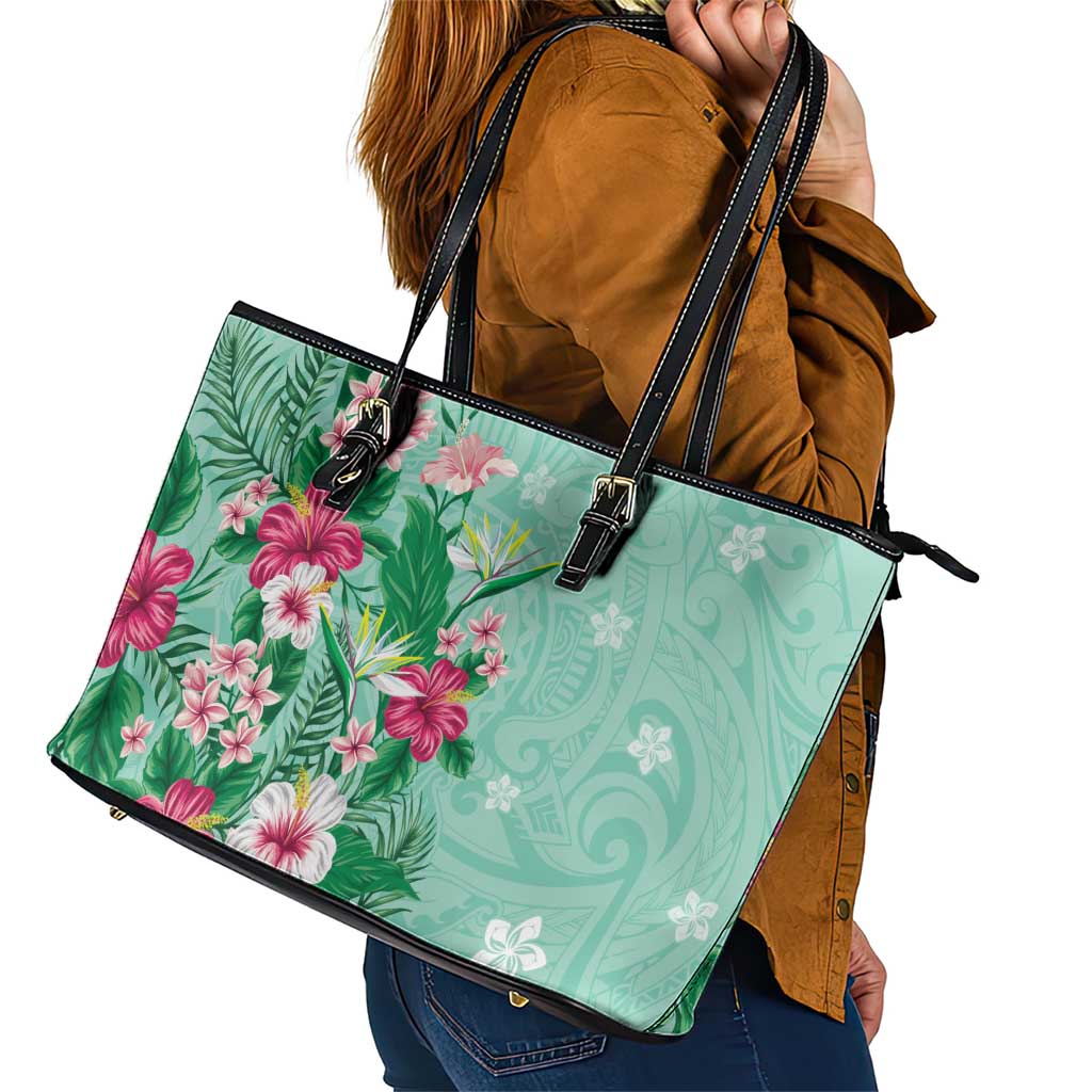 Hawaii Tropical Flowers Leather Tote Bag Polynesian Tattoo Mint Green LT05 - Polynesian Pride