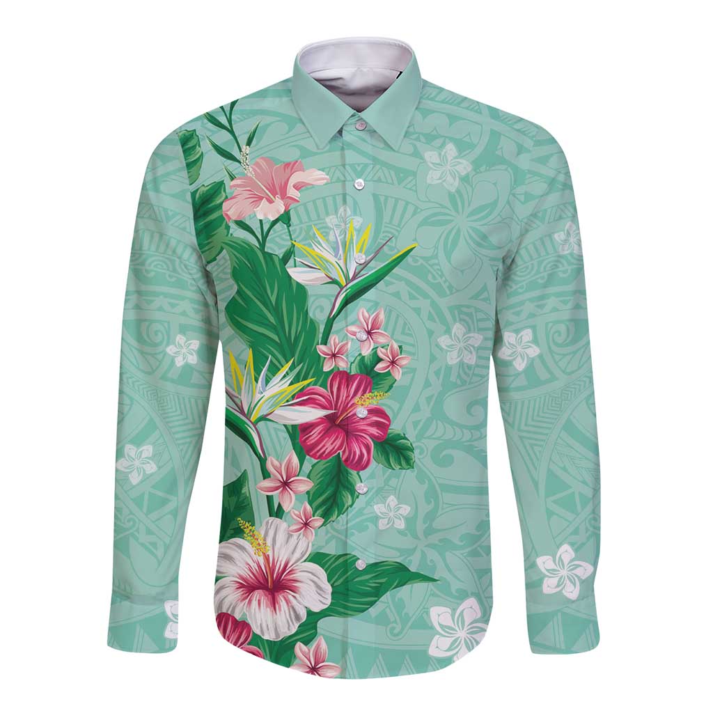 Hawaii Tropical Flowers Long Sleeve Button Shirt Polynesian Tattoo Mint Green