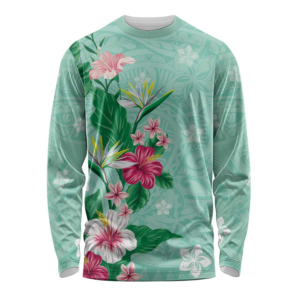 Hawaii Tropical Flowers Long Sleeve Shirt Polynesian Tattoo Mint Green