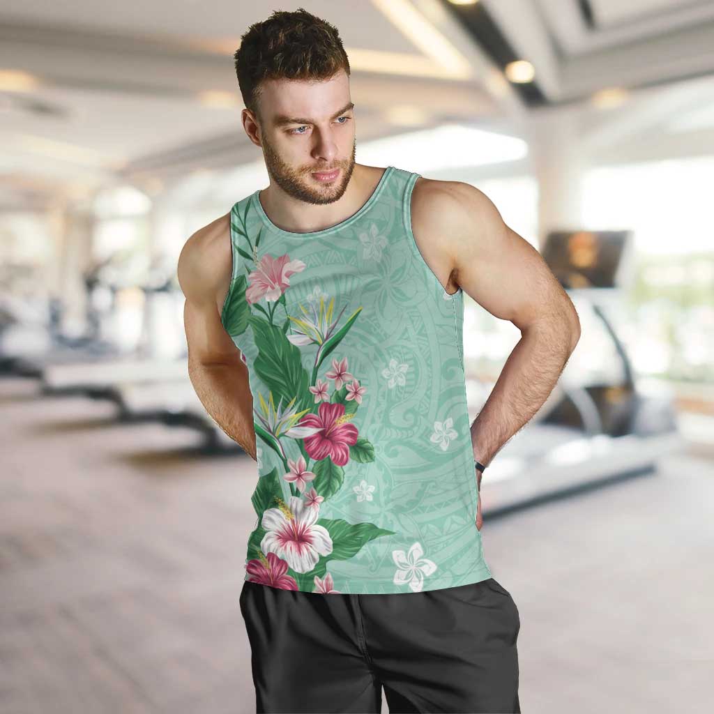 Hawaii Tropical Flowers Men Tank Top Polynesian Tattoo Mint Green LT05 Green - Polynesian Pride