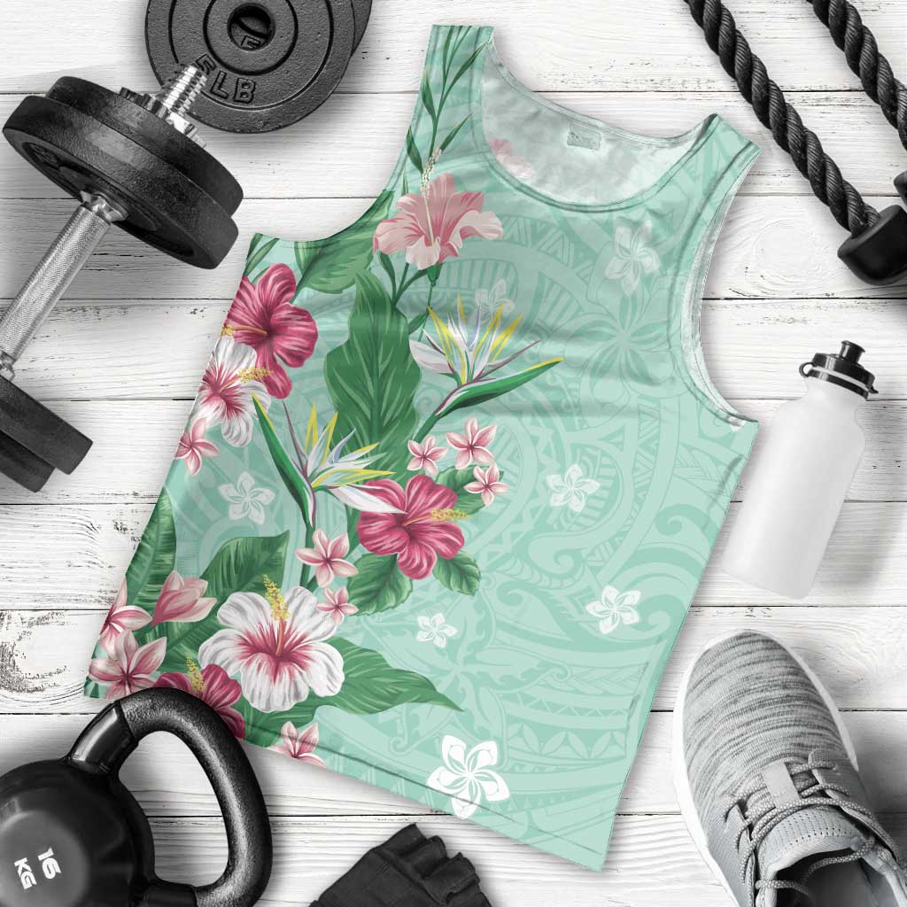Hawaii Tropical Flowers Men Tank Top Polynesian Tattoo Mint Green LT05 - Polynesian Pride
