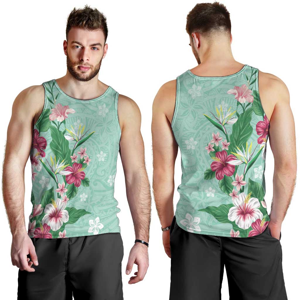 Hawaii Tropical Flowers Men Tank Top Polynesian Tattoo Mint Green LT05 - Polynesian Pride