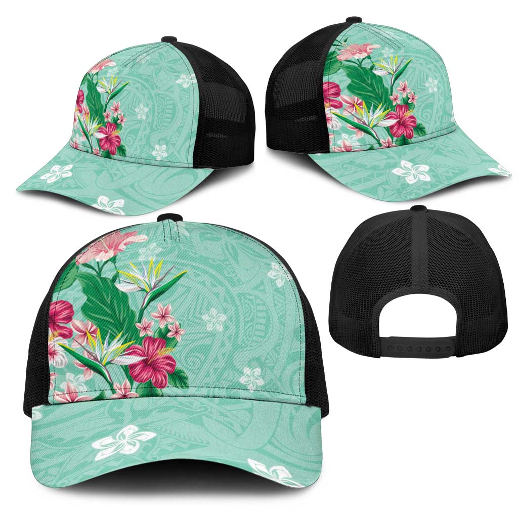 Hawaii Tropical Flowers Mesh Trucker Cap Polynesian Tattoo Mint Green LT05 - Polynesian Pride