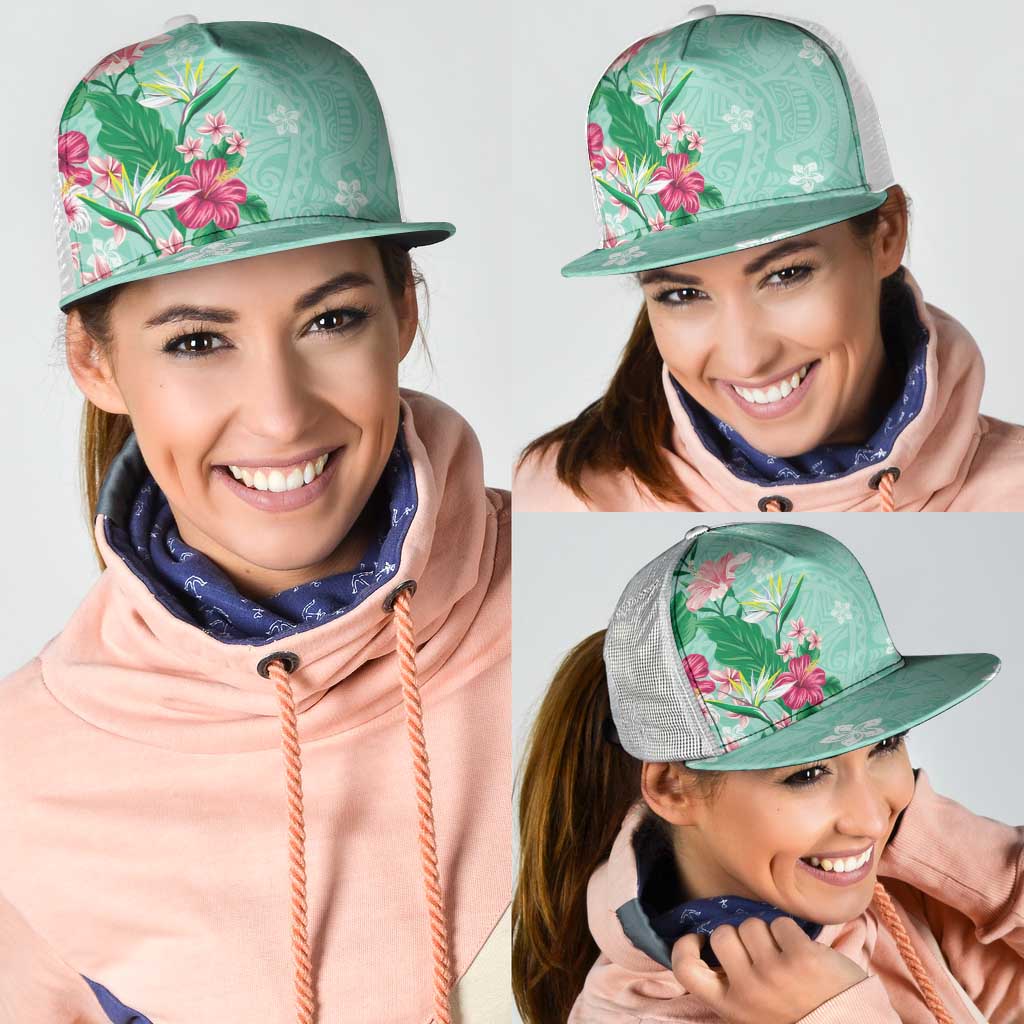 Hawaii Tropical Flowers Mesh Trucker Cap Polynesian Tattoo Mint Green LT05 - Polynesian Pride