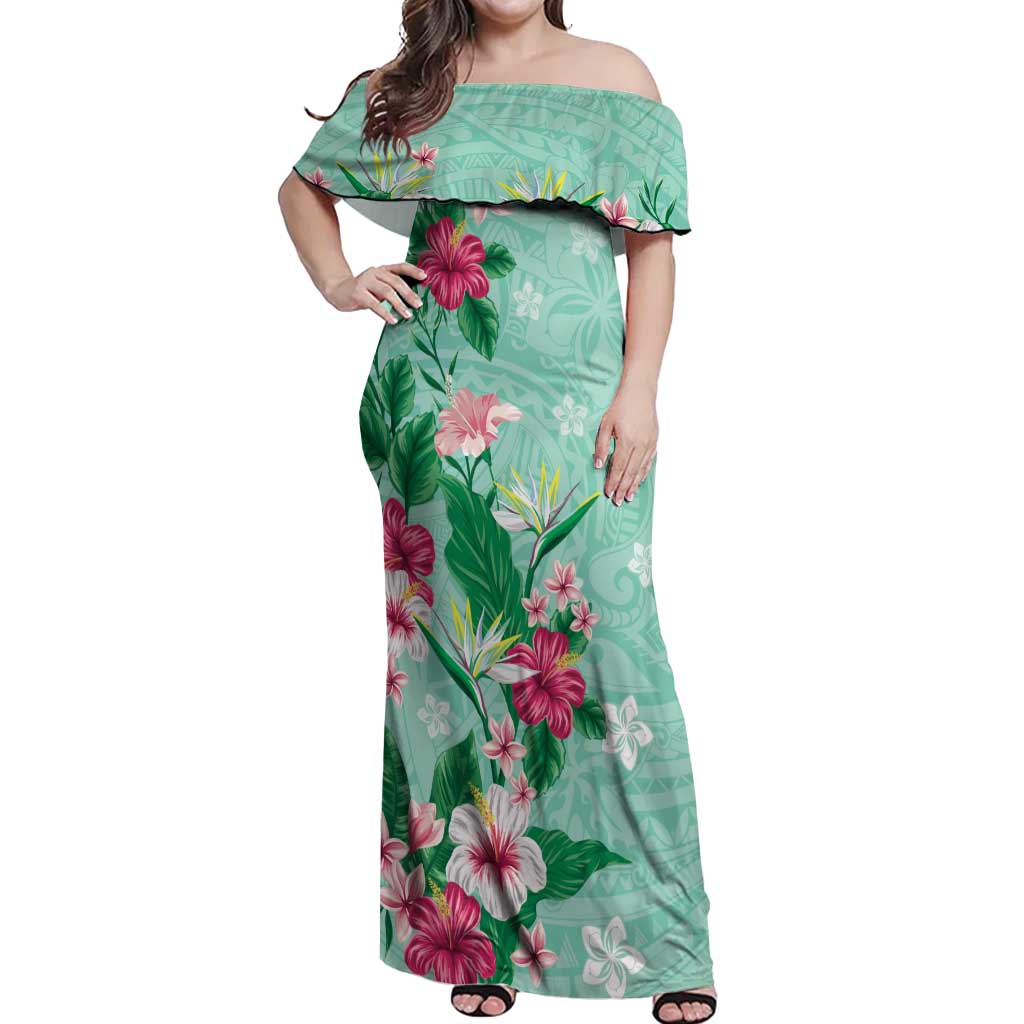 Hawaii Tropical Flowers Off Shoulder Maxi Dress Polynesian Tattoo Mint Green LT05 Women Green - Polynesian Pride