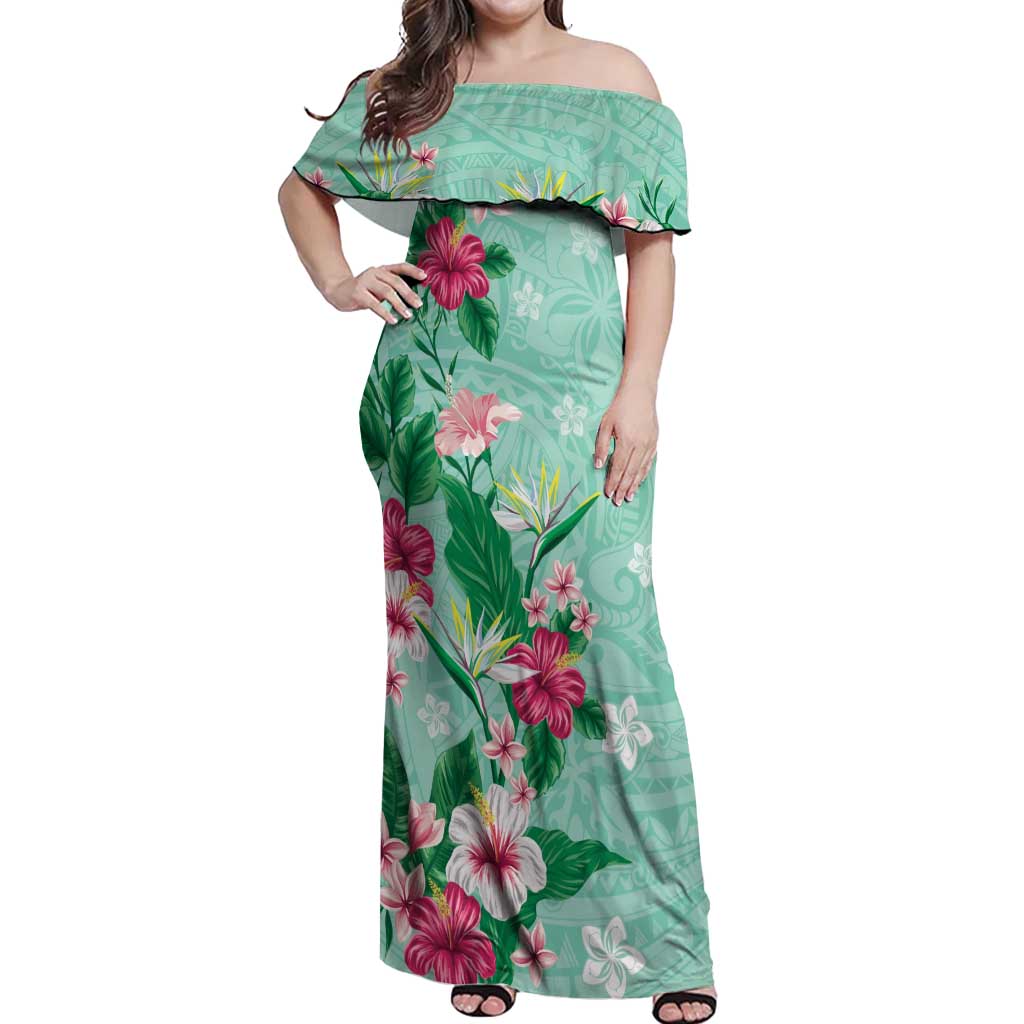 Hawaii Tropical Flowers Off Shoulder Maxi Dress Polynesian Tattoo Mint Green