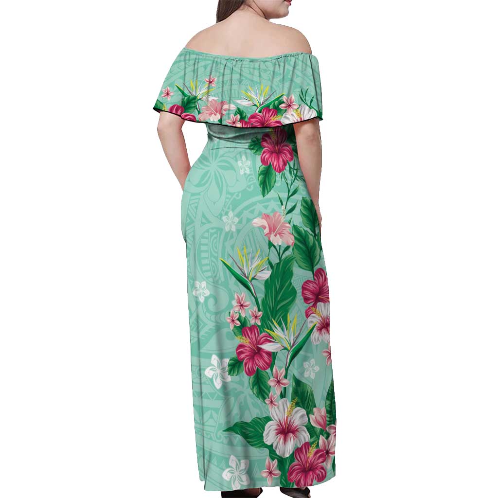 Hawaii Tropical Flowers Off Shoulder Maxi Dress Polynesian Tattoo Mint Green LT05 - Polynesian Pride