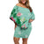 Hawaii Tropical Flowers Off Shoulder Short Dress Polynesian Tattoo Mint Green