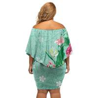 Hawaii Tropical Flowers Off Shoulder Short Dress Polynesian Tattoo Mint Green LT05 - Polynesian Pride