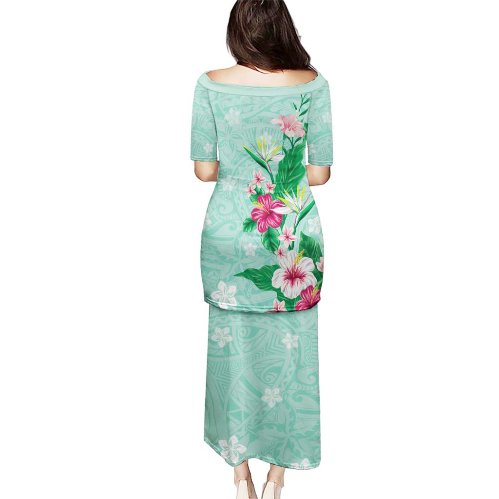Hawaii Tropical Flowers Puletasi Polynesian Tattoo Mint Green LT05 - Polynesian Pride