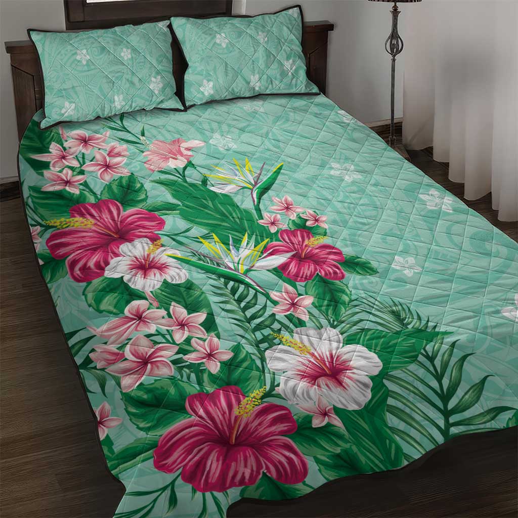 Hawaii Tropical Flowers Quilt Bed Set Polynesian Tattoo Mint Green