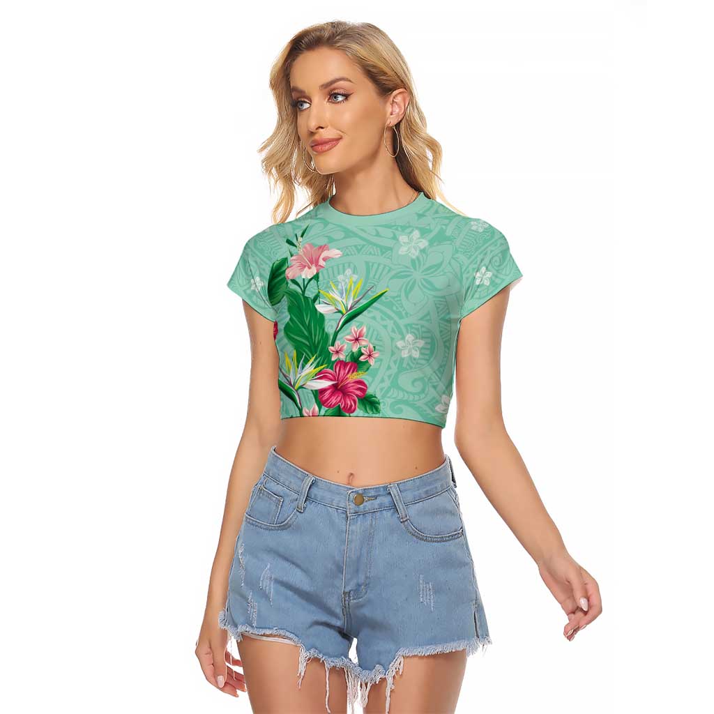 Hawaii Tropical Flowers Raglan Cropped T Shirt Polynesian Tattoo Mint Green