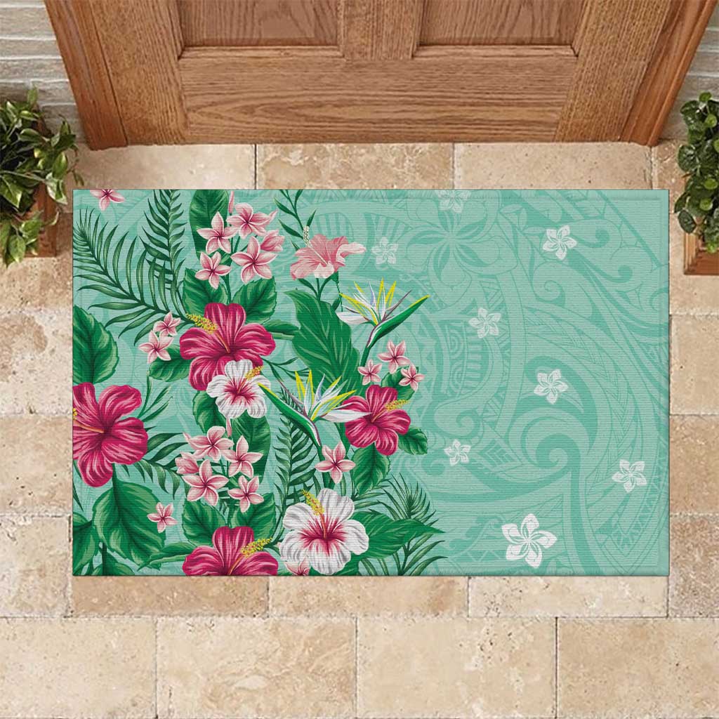 Hawaii Tropical Flowers Rubber Doormat Polynesian Tattoo Mint Green LT05 Green - Polynesian Pride