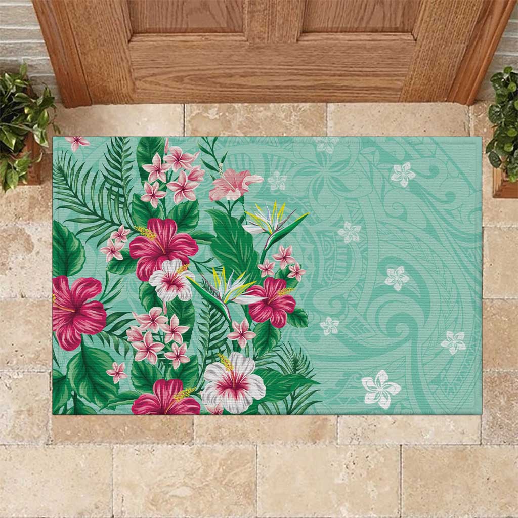 Hawaii Tropical Flowers Rubber Doormat Polynesian Tattoo Mint Green