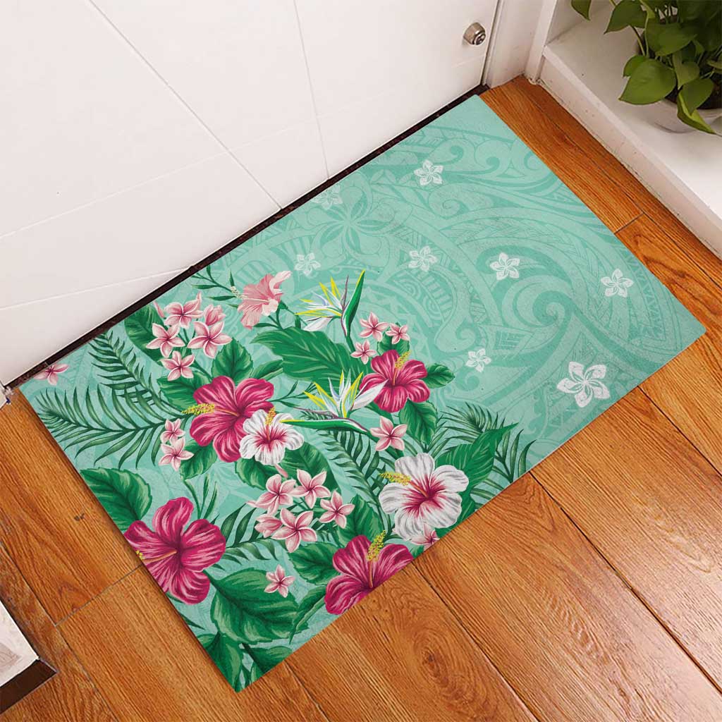 Hawaii Tropical Flowers Rubber Doormat Polynesian Tattoo Mint Green LT05 - Polynesian Pride