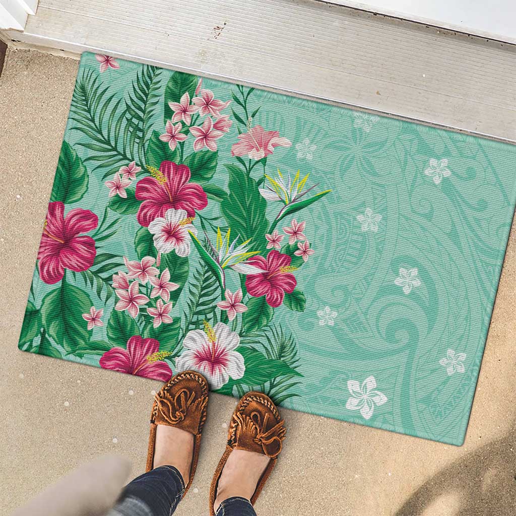 Hawaii Tropical Flowers Rubber Doormat Polynesian Tattoo Mint Green LT05 - Polynesian Pride