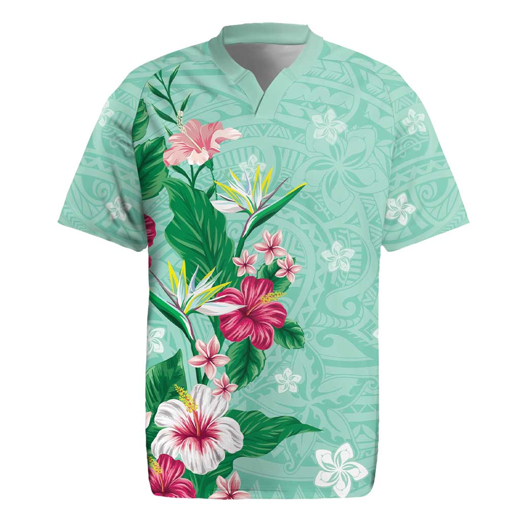 Hawaii Tropical Flowers Rugby Jersey Polynesian Tattoo Mint Green LT05 Green - Polynesian Pride