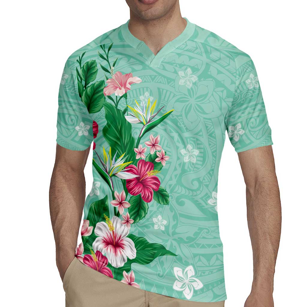 Hawaii Tropical Flowers Rugby Jersey Polynesian Tattoo Mint Green LT05 - Polynesian Pride