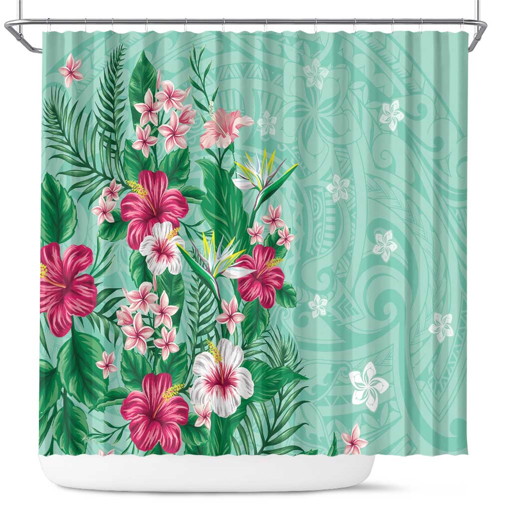 Hawaii Tropical Flowers Shower Curtain Polynesian Tattoo Mint Green