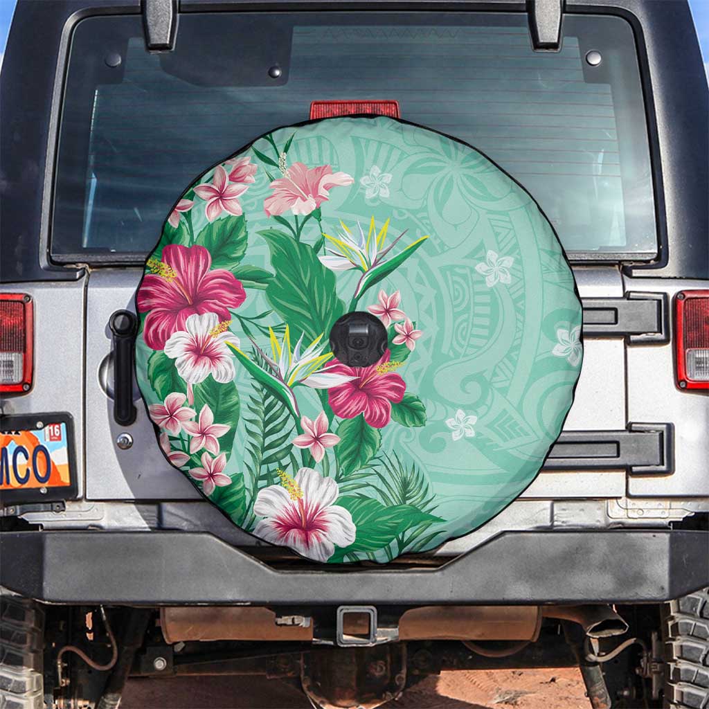 Hawaii Tropical Flowers Spare Tire Cover Polynesian Tattoo Mint Green LT05 Green - Polynesian Pride