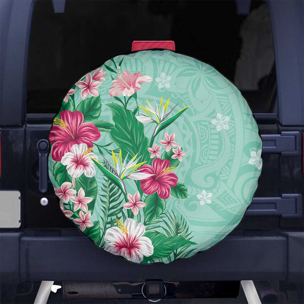 Hawaii Tropical Flowers Spare Tire Cover Polynesian Tattoo Mint Green LT05 - Polynesian Pride