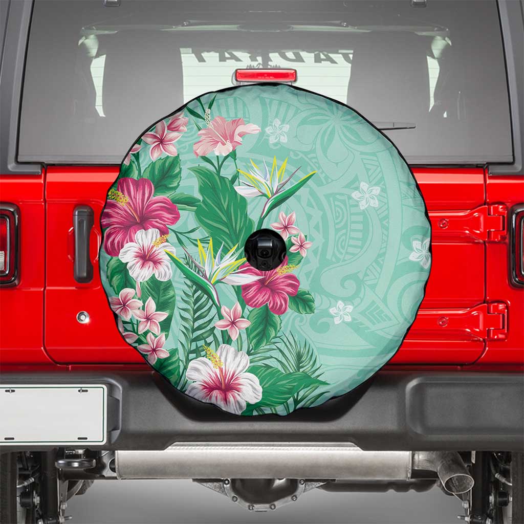 Hawaii Tropical Flowers Spare Tire Cover Polynesian Tattoo Mint Green LT05 - Polynesian Pride