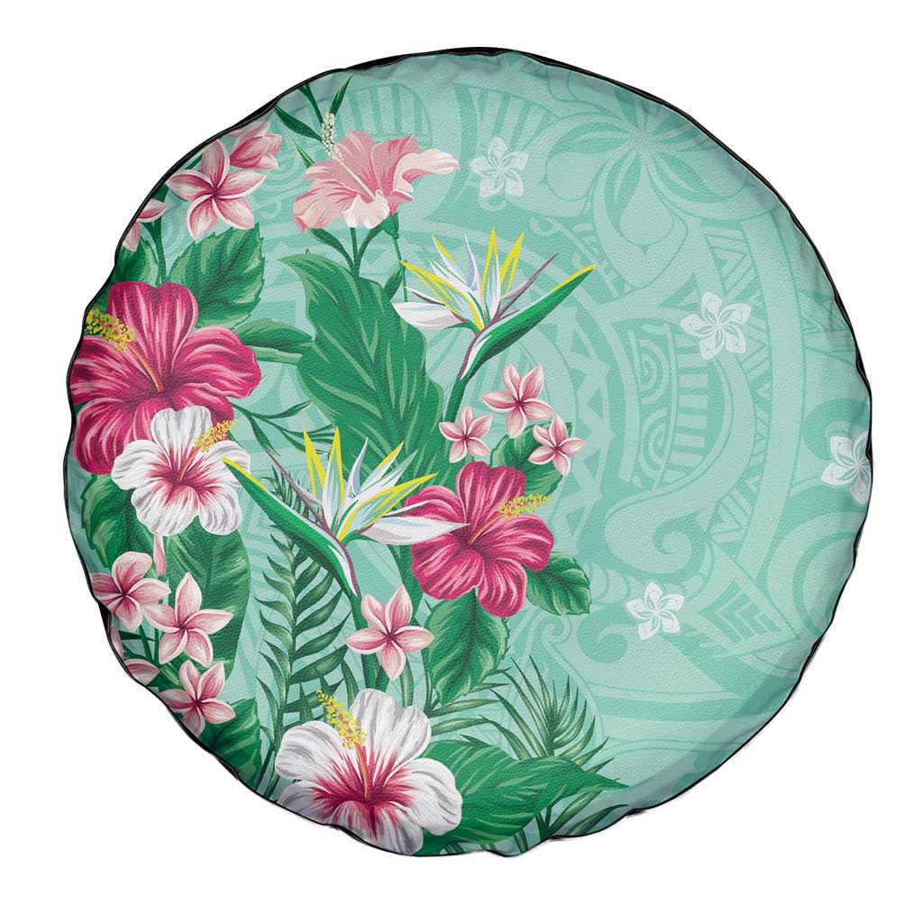 Hawaii Tropical Flowers Spare Tire Cover Polynesian Tattoo Mint Green LT05 - Polynesian Pride