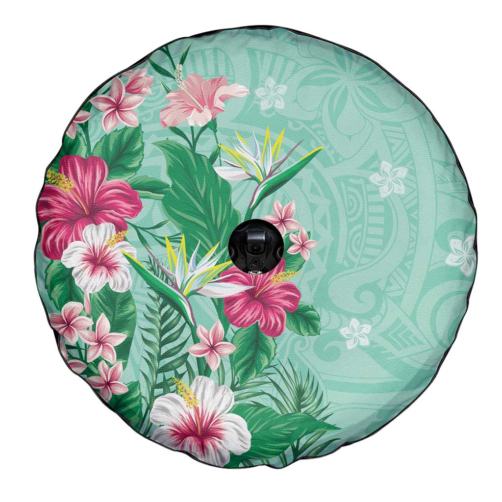 Hawaii Tropical Flowers Spare Tire Cover Polynesian Tattoo Mint Green LT05 - Polynesian Pride