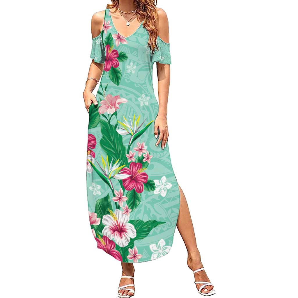 Hawaii Tropical Flowers Summer Maxi Dress Polynesian Tattoo Mint Green