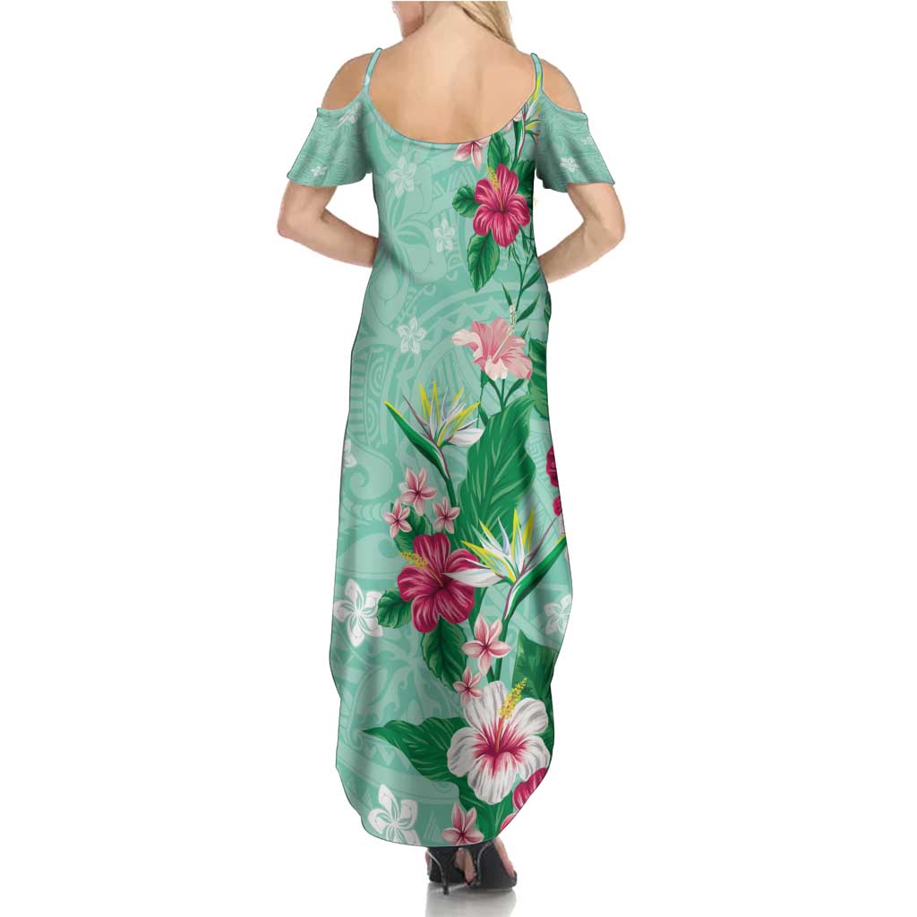 Hawaii Tropical Flowers Summer Maxi Dress Polynesian Tattoo Mint Green LT05 - Polynesian Pride