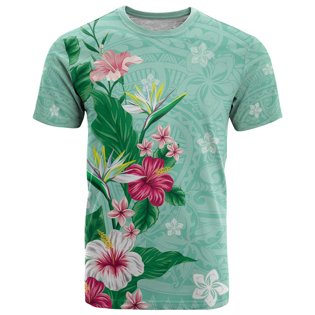 Hawaii Tropical Flowers T Shirt Polynesian Tattoo Mint Green