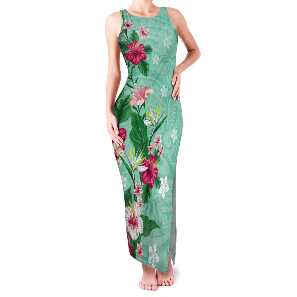 Hawaii Tropical Flowers Tank Maxi Dress Polynesian Tattoo Mint Green