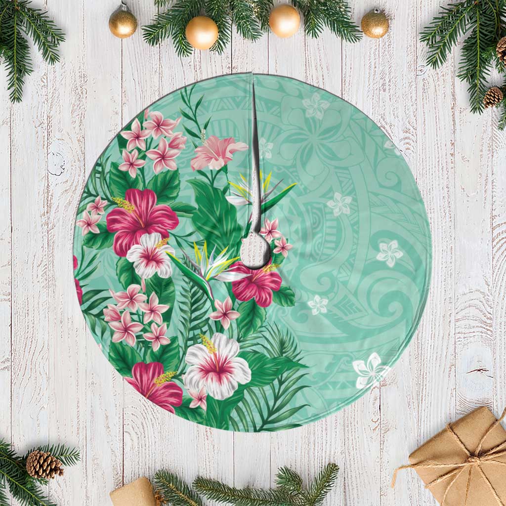 Hawaii Tropical Flowers Tree Skirt Polynesian Tattoo Mint Green